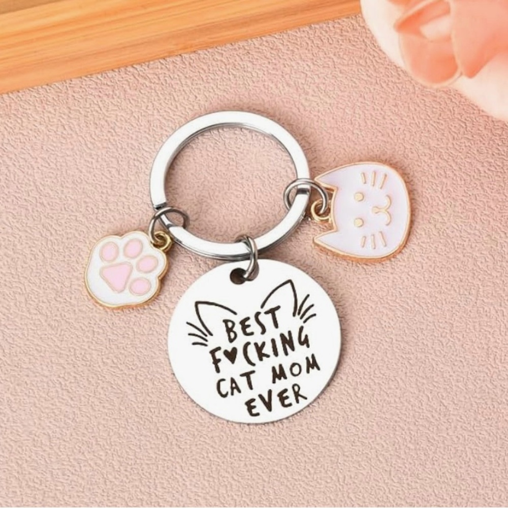 Cat Mom Keychain with Cat and Paw Charms